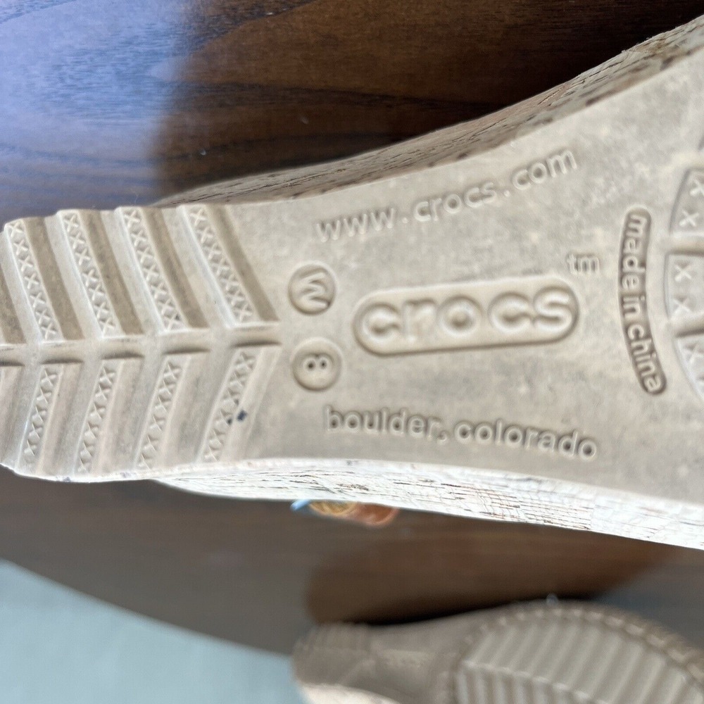 Crocs A Leigh Sandals Women's Size 8 Tan Brown Leather Cork Platform Wedge Shoes - Picture 15 of 16